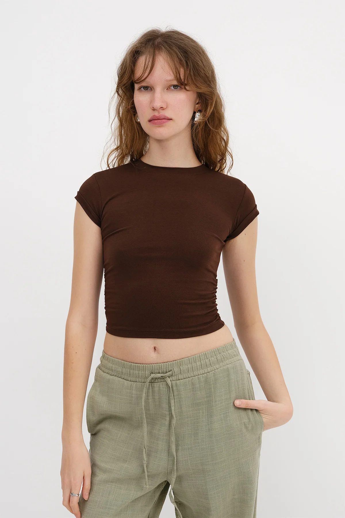 Crew Neck Side Gathered Blouse - Image 11