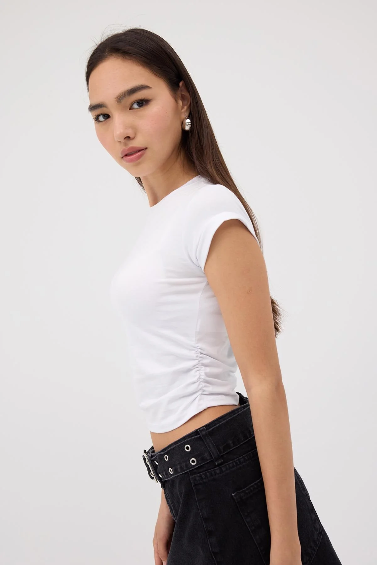 Crew Neck Side Gathered Blouse - Image 35