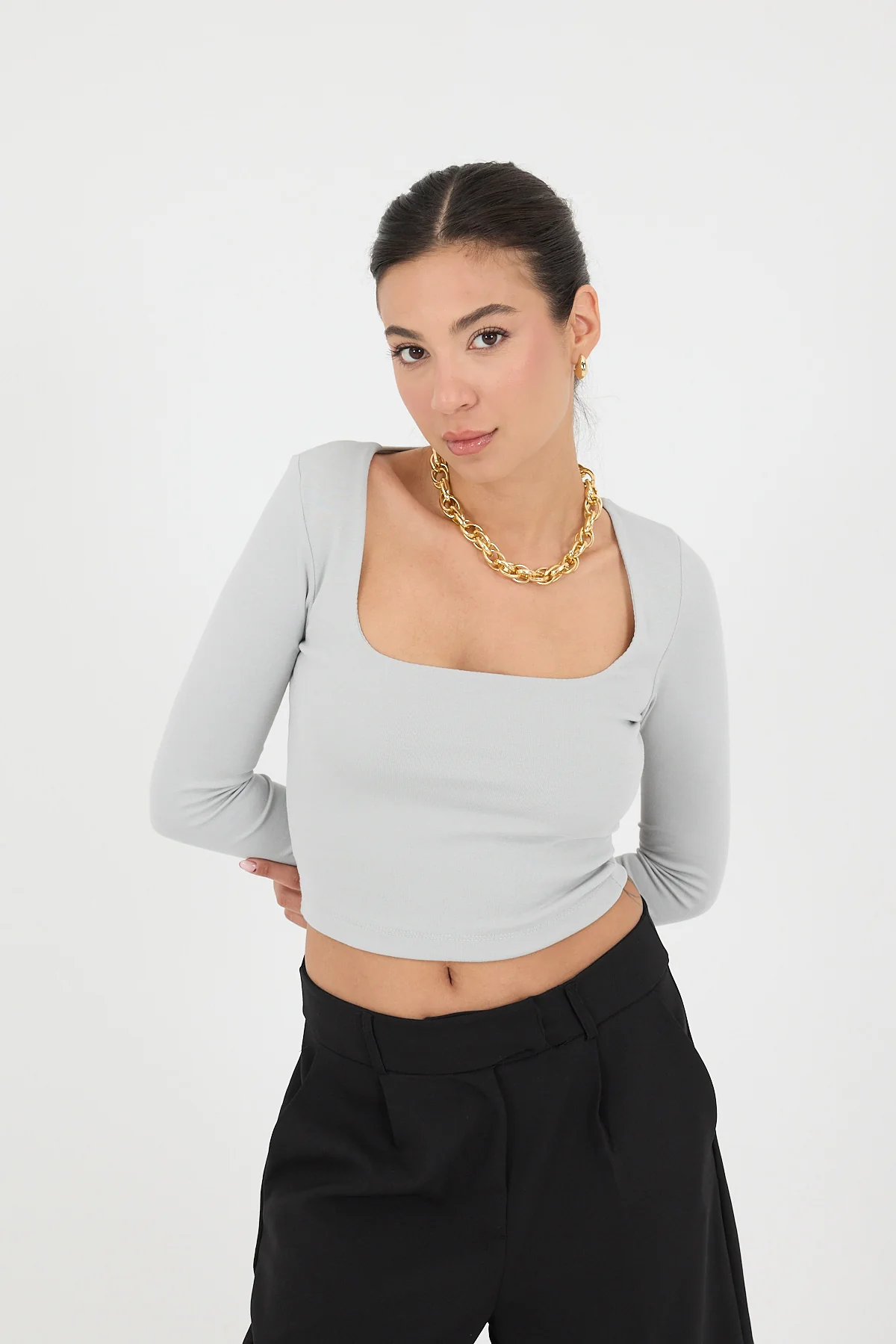 Square Neck Basic Blouse With Long Sleeve - Image 10