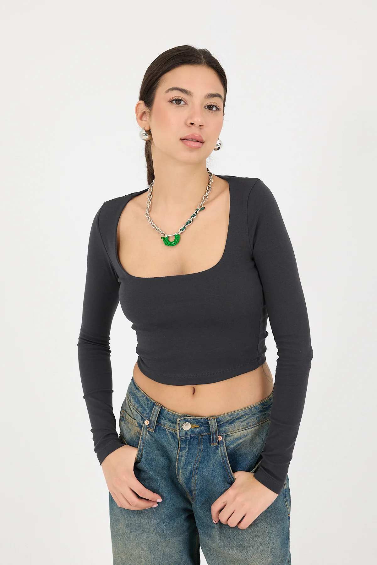 Square Neck Basic Blouse With Long Sleeve - Image 15