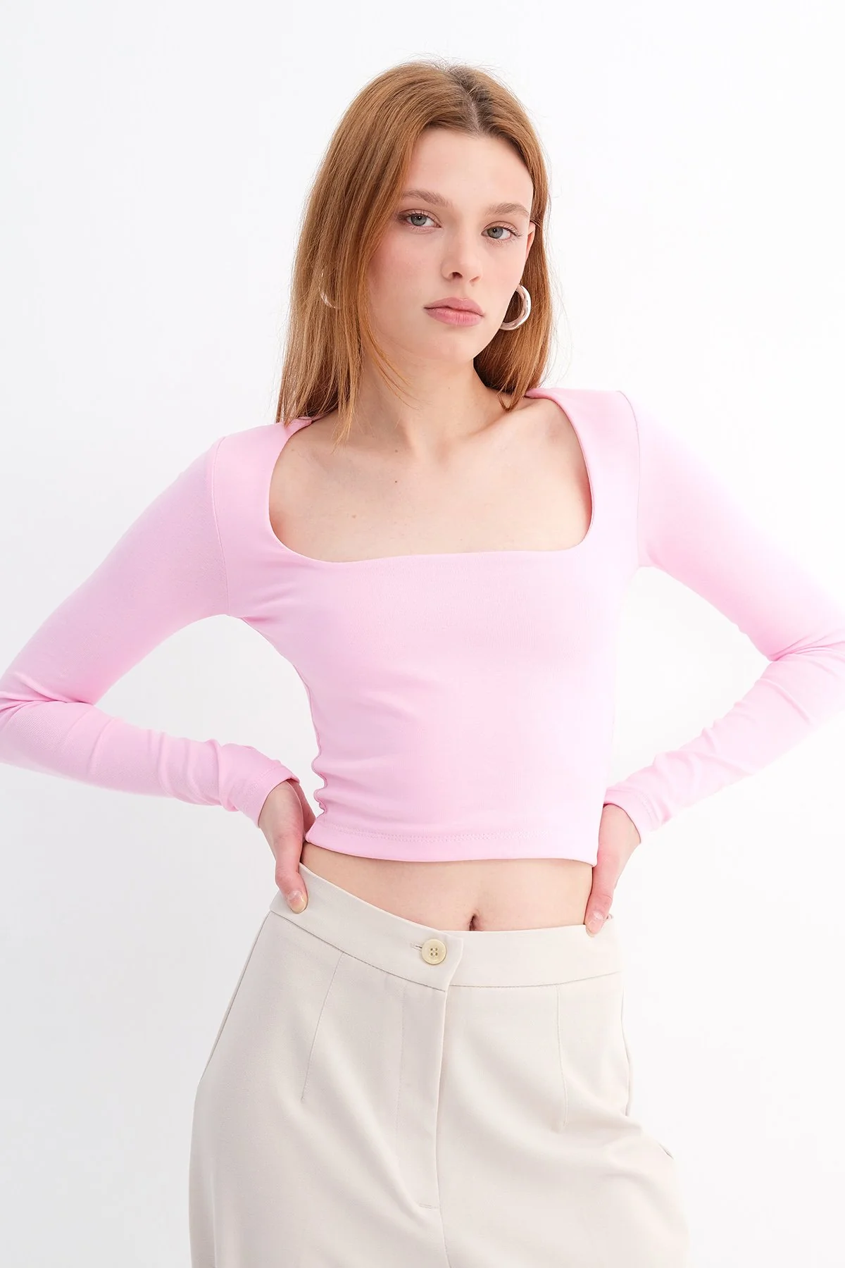 Square Neck Basic Blouse With Long Sleeve - Image 41