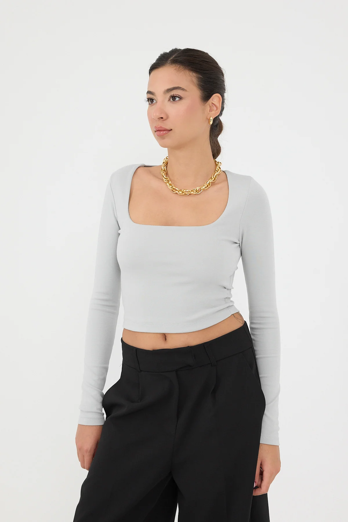 Square Neck Basic Blouse With Long Sleeve - Image 6