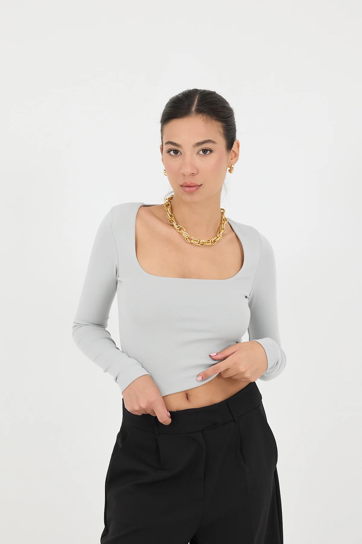 Square Neck Basic Blouse With Long Sleeve - Image 8